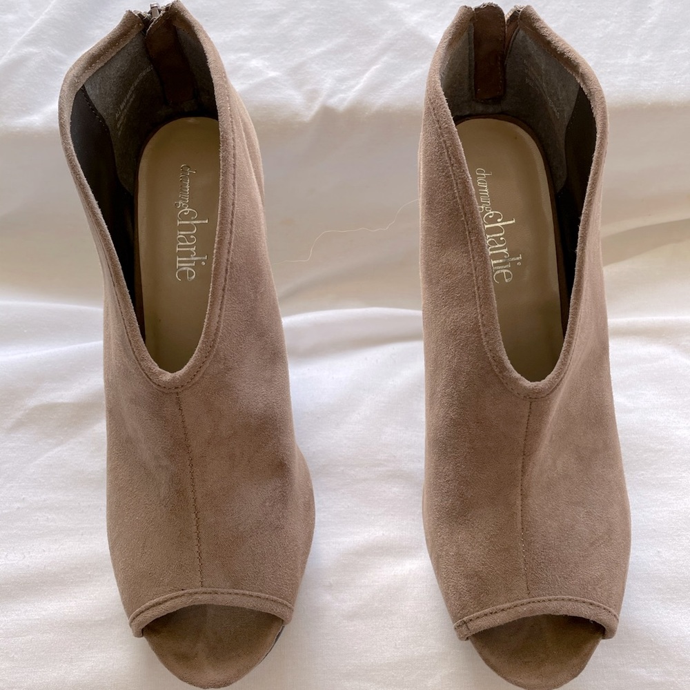 Stylish, tan, faux suede peep toe heels!